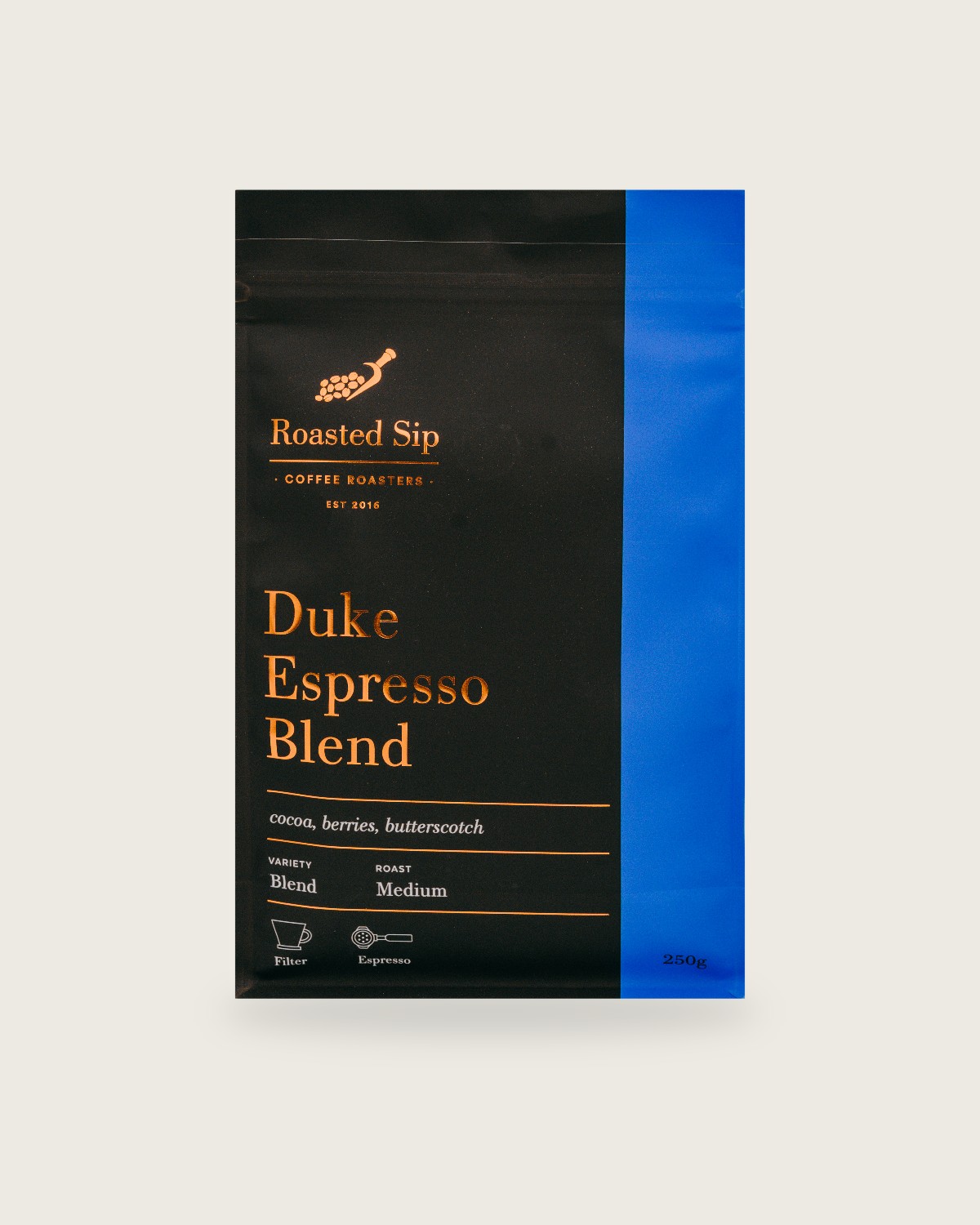 Roasted Sip Duke Espresso Blend coffee bag