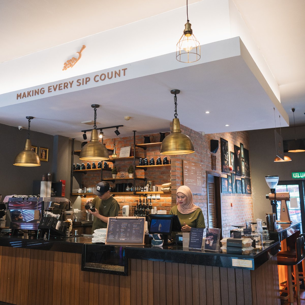 Roasted Sip Serusop — Making Every Sip Count, espresso bar with brass pendants